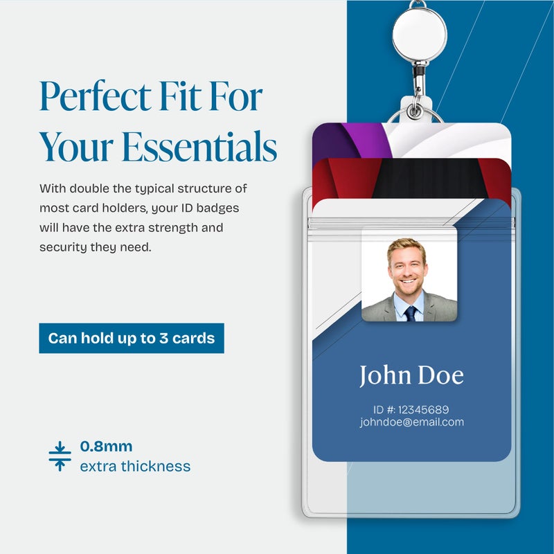 Will Well ID Badge Holders with Holes for Lanyards and Keyrings - Vertical Clear Plastic 2.5" x 3.7" Inner Size Sleeves Fit Up to 3 Cards, 0.8mm Thick Waterproof Resealable Zip Type - 6-Pack - Image 5